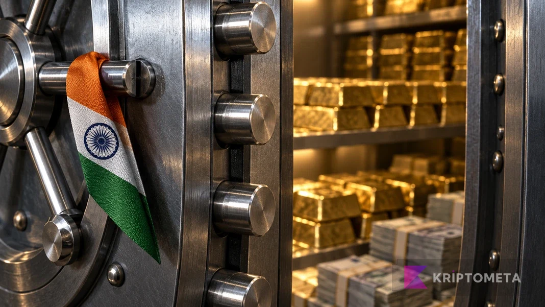 Hindistan bayrağı renkli şerit taşıyan çelik kasa kapısı, arkasında altın külçeleri ve banknotlar