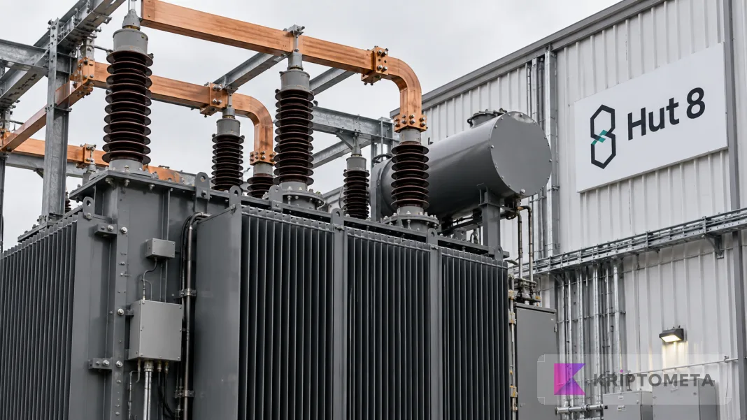 Power transformer and electrical connections beside a data-center building bearing a Hut 8 sign.