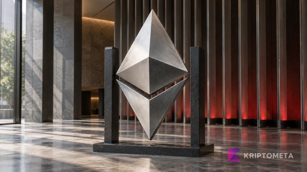Kurumsal bir iç mekânda iki destek arasındaki metal Ethereum simgesini gösteren temsili staking kompozisyonu
