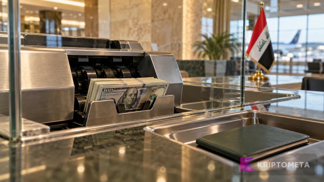 Illustrative airport exchange counter with a dollar counting machine and a passport