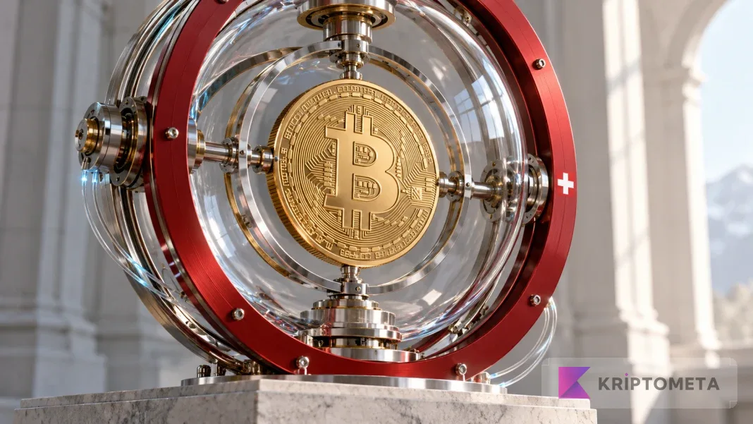 Şeffaf hassas mekanizma içindeki Bitcoin simgesi ve İsviçre haçlı kırmızı halkadan oluşan temsili fon denetimi sahnesi