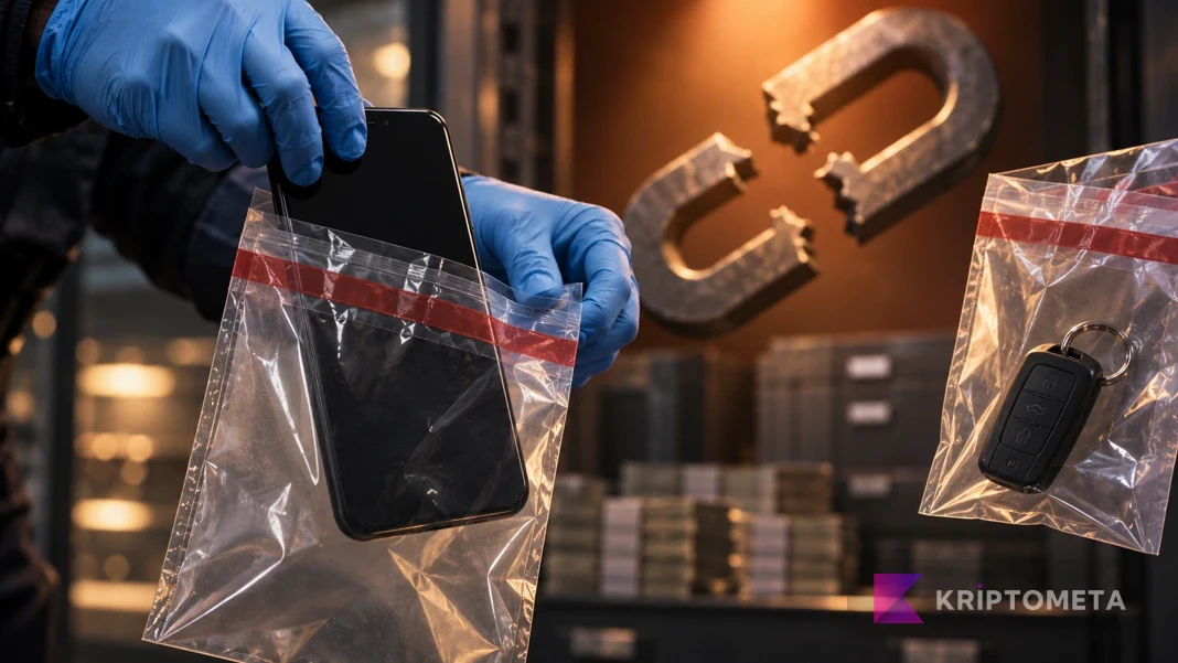 Conceptual investigation scene with a phone in an evidence bag, a car key and a broken chain symbol