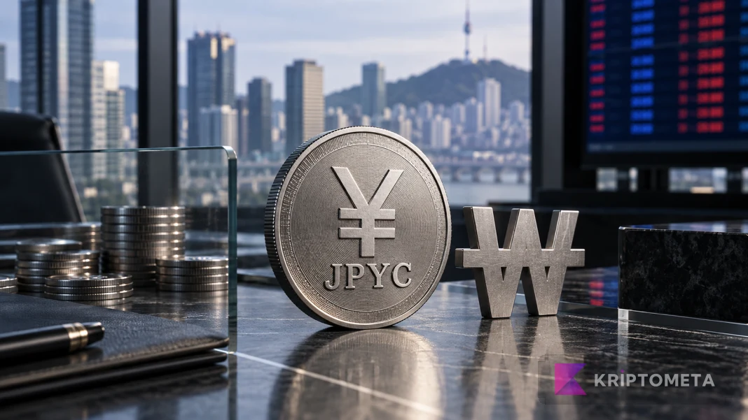 Seul silüeti önünde JPYC yazılı yen tokenı ve Kore wonu simgesi.