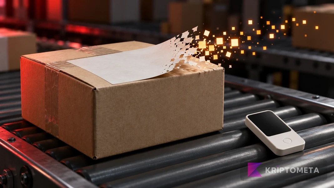 A blank shipping label dissolves into light beside an offline wallet on a conveyor, a conceptual image of a customer data leak.