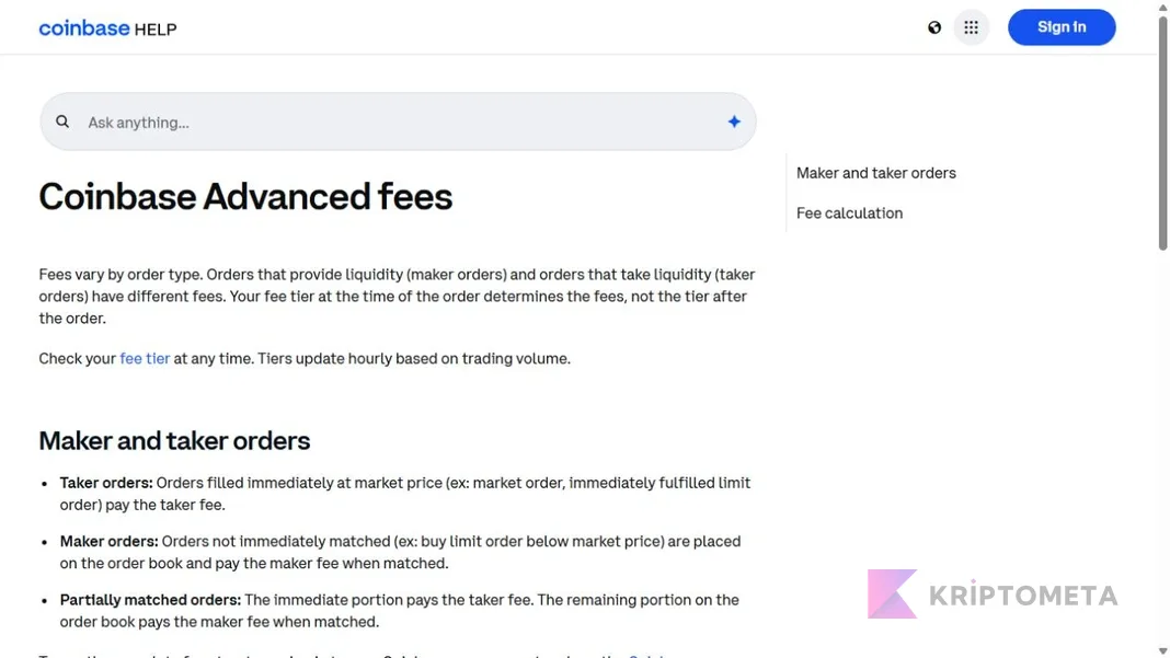 Coinbase Advanced resmî yardım ekranında maker ve taker açıklaması