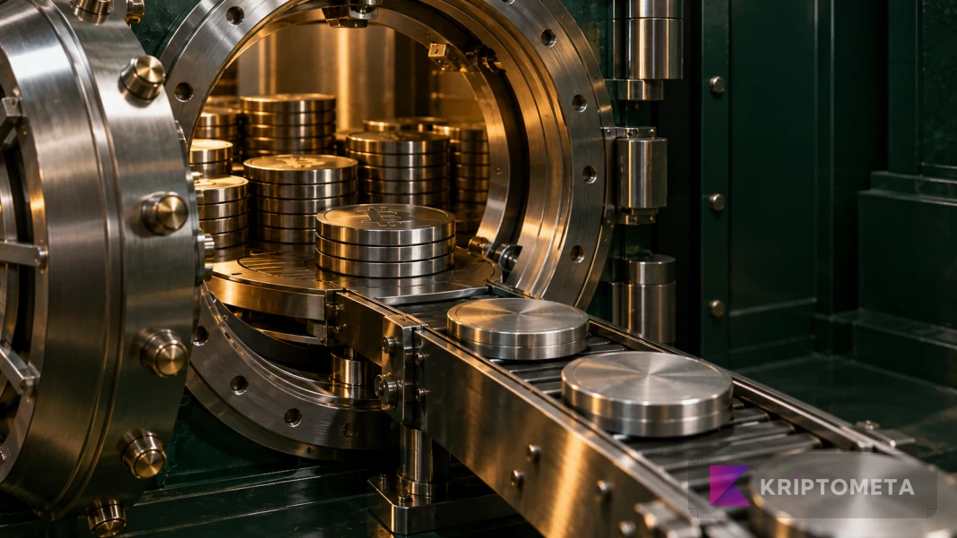 Kripto fonlarından çıkışı temsil eden, açık metal kasadan konveyöre ilerleyen diskler
