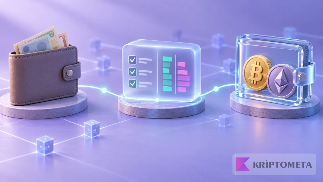 Kripto para alımında fiat bakiye, emir kontrolü ve dijital varlığa geçişi gösteren temsilî çizim