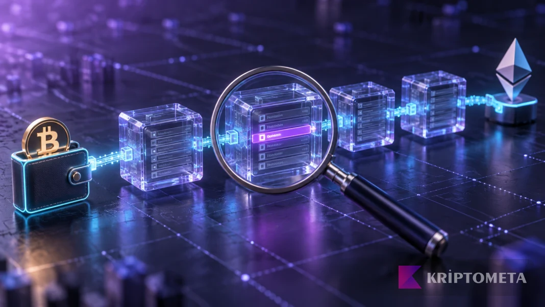 Conceptual illustration of a magnifying glass inspecting a transaction in linked blockchain blocks