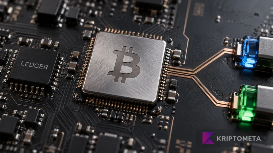 Bitcoin simgesi, Ledger adı ve bakır bağlantılar içeren devre kartı kompozisyonu