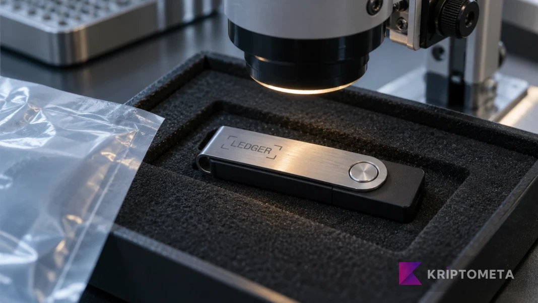 İnceleme mikroskobu altında kapalı Ledger cihazını gösteren temsili donanım güvenliği görseli