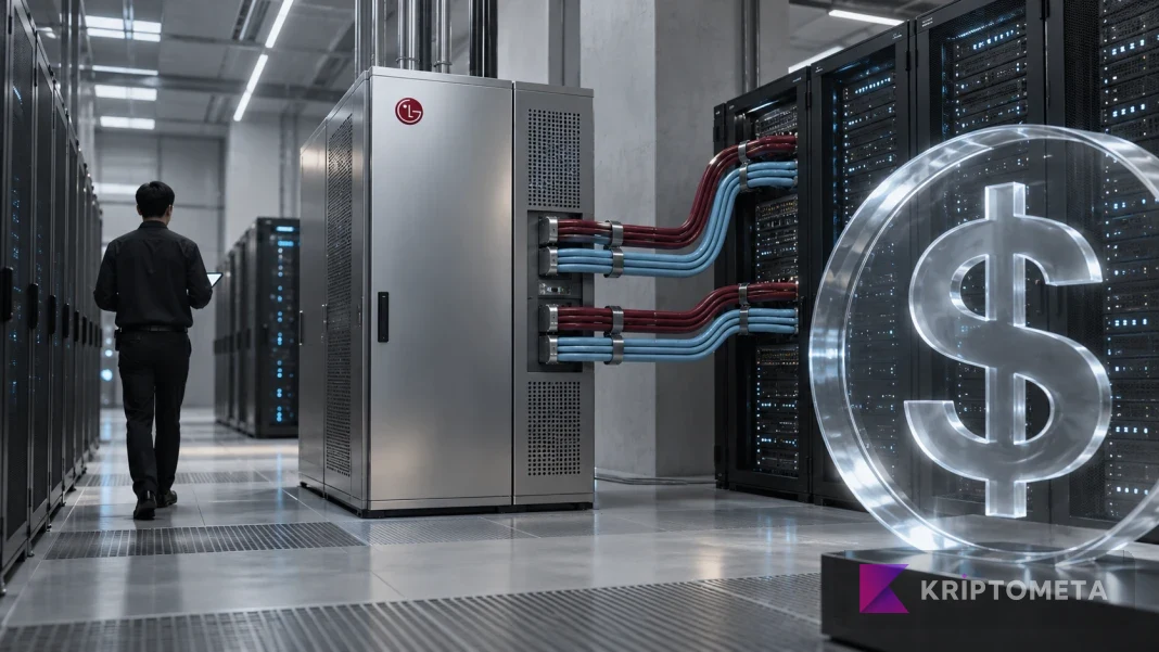 Digital payment infrastructure with server racks, connecting cables and a translucent dollar symbol