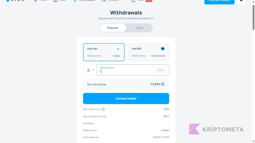 Lido çekim ekranında Request ve Claim sekmeleri, protokol kuyruğu ve DEX çıkışı