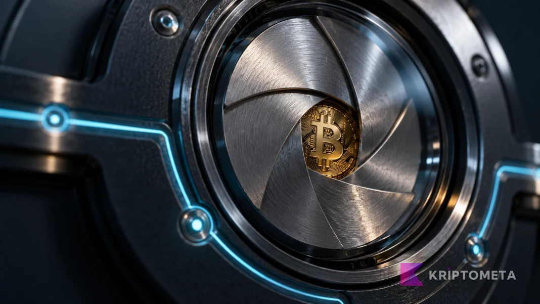Conceptual Bitcoin emblem behind a closed metal iris with an active optical circuit around it