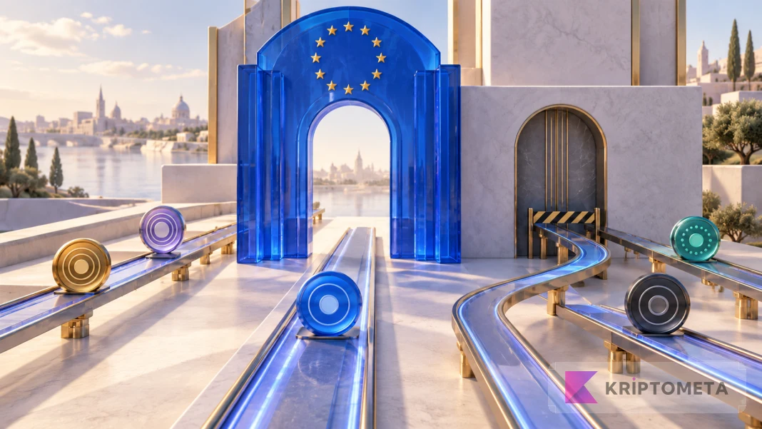 Conceptual MiCA illustration of a European-star gateway and branching blockchain trading routes