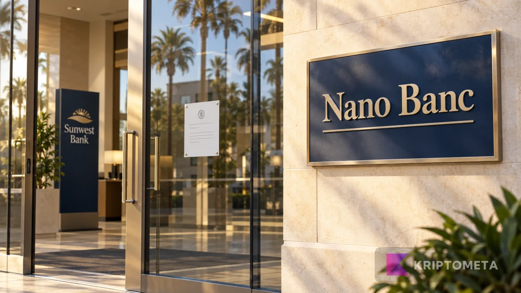 Nano Banc ve Sunwest Bank tabelalarıyla banka devrini anlatan, cam girişli şube kompozisyonu.