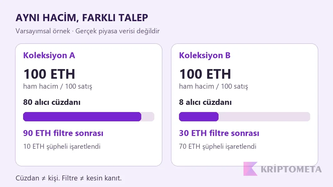 Varsayımsal NFT hacim karşılaştırması: A koleksiyonunda filtre sonrası 90 ETH, B koleksiyonunda 30 ETH
