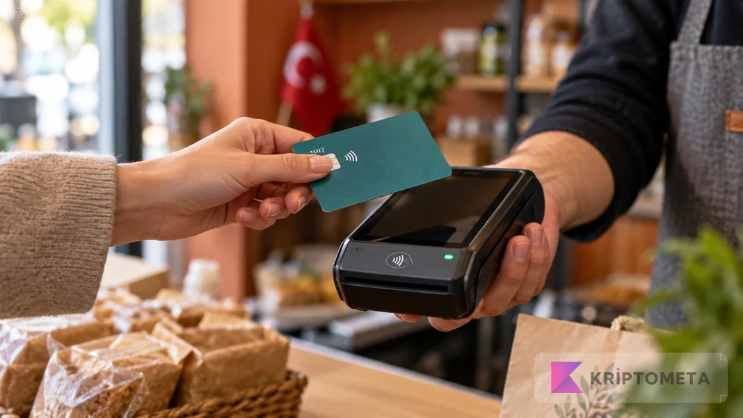 Bir müşterinin temassız kartını esnafın tuttuğu ödeme terminaline yaklaştırması