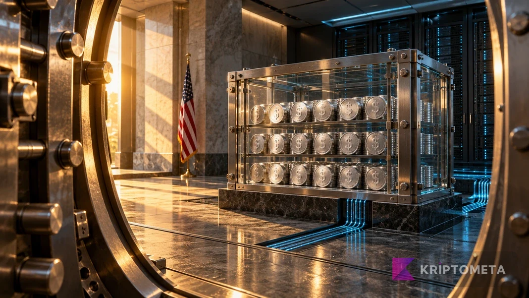 Conceptual stablecoin reserves shown as dollar-marked metal tokens in a glass compartment behind an open steel vault door