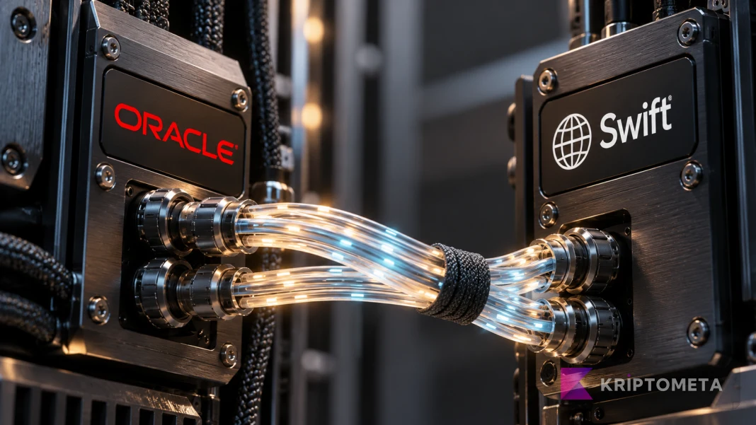 Optical cables connecting two technical modules bearing the Oracle and Swift names.
