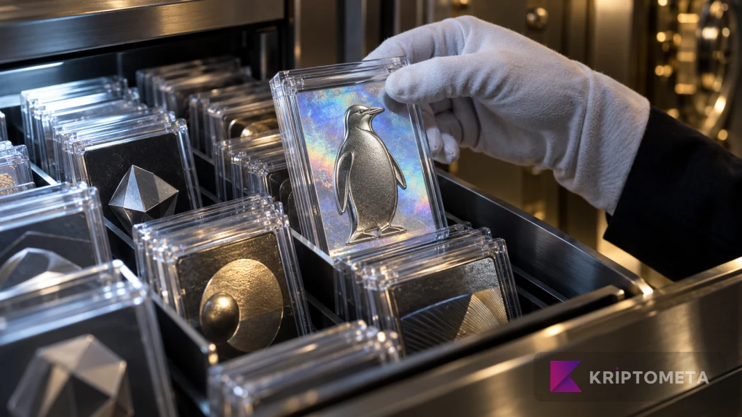Conceptual NFT image of a gloved hand holding a penguin collectible card beside an archive of cards