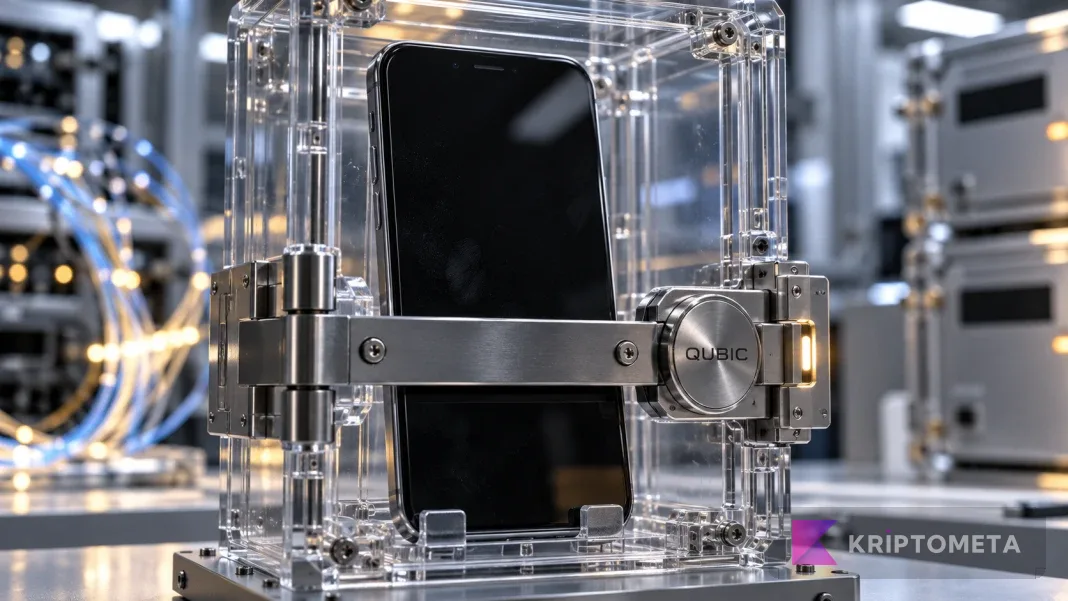 A phone inside a transparent protective enclosure, representing Qubic wallet security