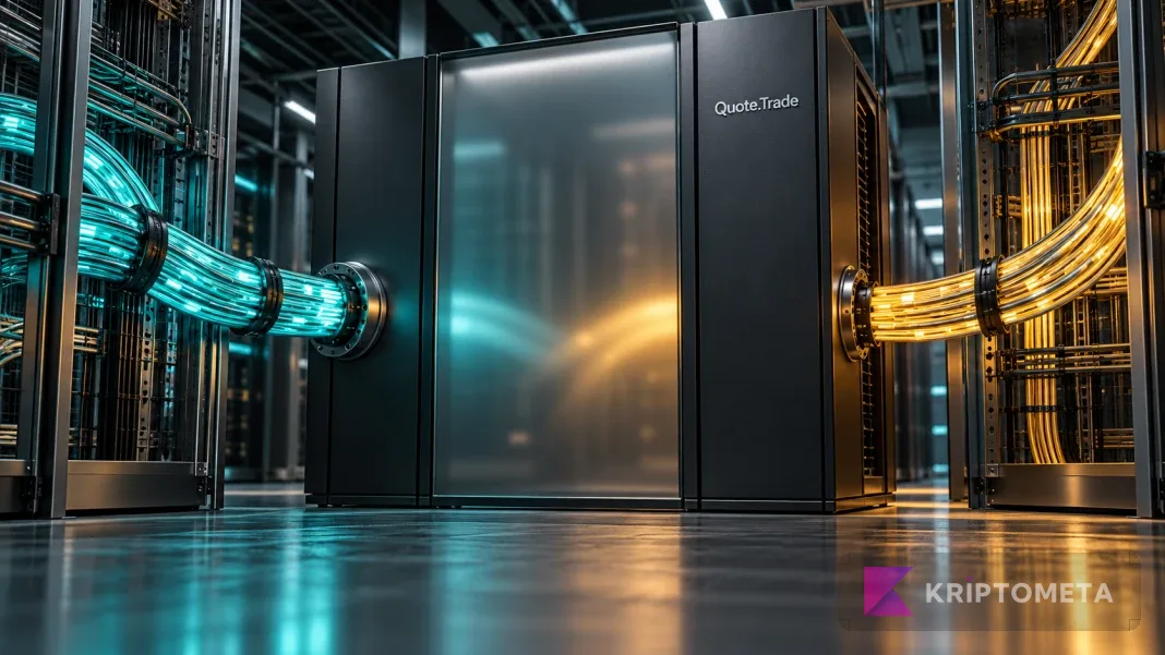 Conceptual illustration of turquoise and amber fiber lines entering a private routing cabinet bearing the Quote.Trade name