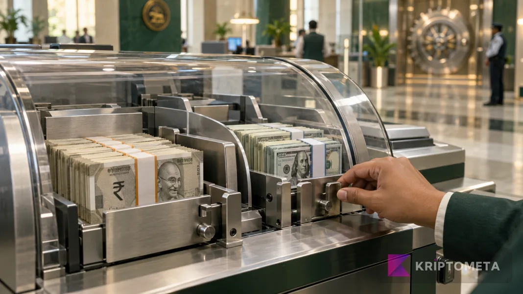 Conceptual view of a bank currency-processing machine holding rupee and dollar notes in separate compartments