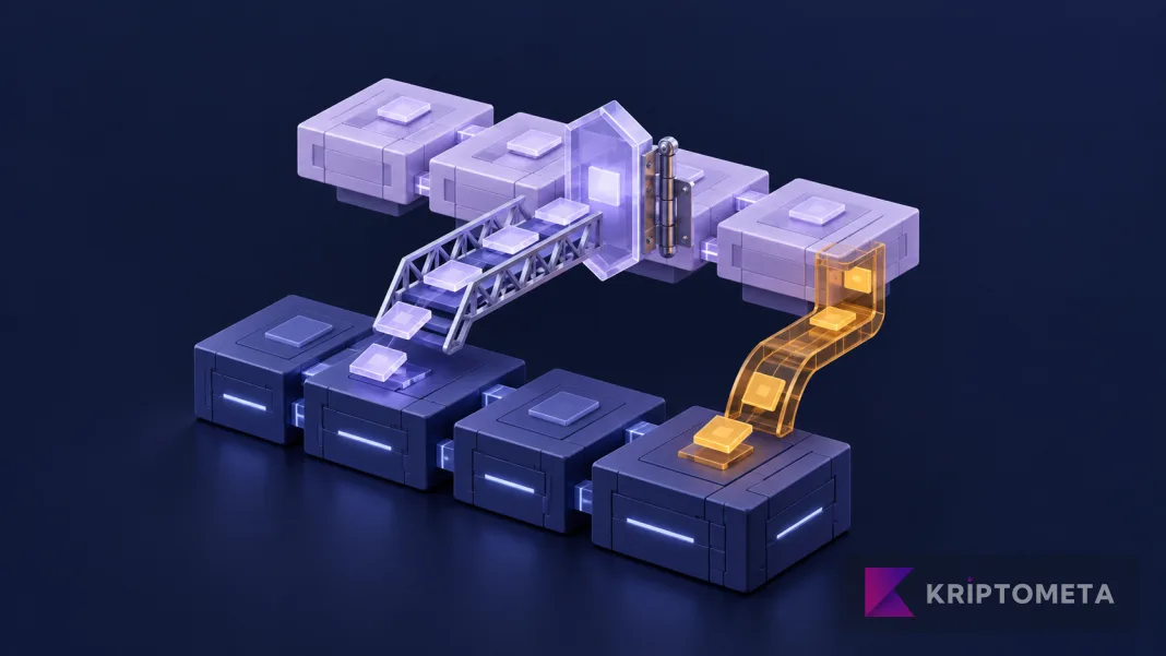Conceptual illustration of two blockchain layers connected by a data bridge, verification gate and separate return path