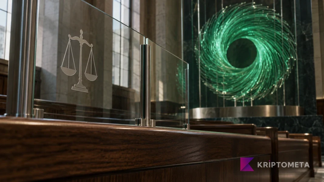 Conceptual courtroom with justice scales etched on glass and a green technological vortex
