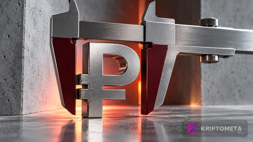 A ruble symbol between the jaws of a metal caliper, with red light in a grey industrial setting.