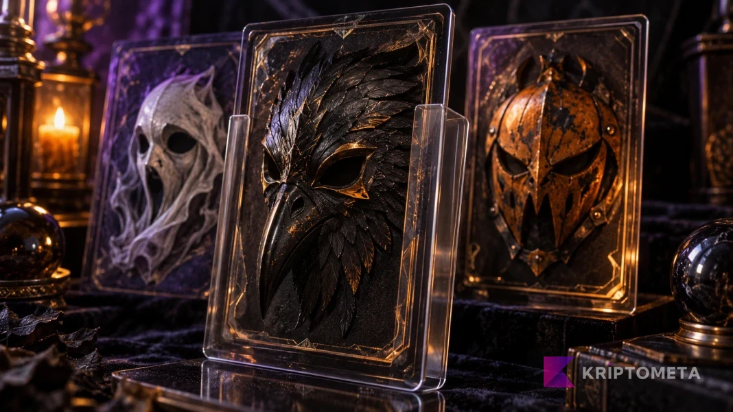 Hallow’s Fall kart görünümlerini temsil eden, saydam kart panelleri içindeki üç Cadılar Bayramı maskesi