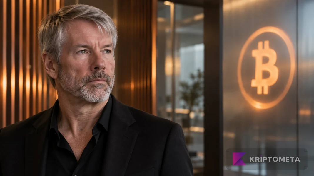 Michael Saylor portresi ve Bitcoin simgesini bir araya getiren, Strategy’nin sermaye yönetimini temsil eden kavramsal görsel