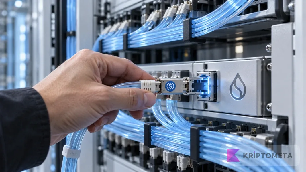 Technological composition of a USDC connector being fitted to network hardware with a Sui emblem