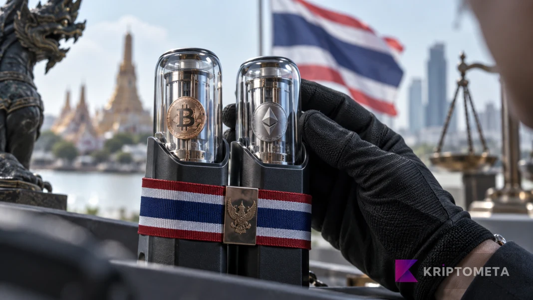 Tayland kripto ETF saklama kurallarını temsil eden, Bitcoin ve Ether simgeli cam modüller ve eldivenli el