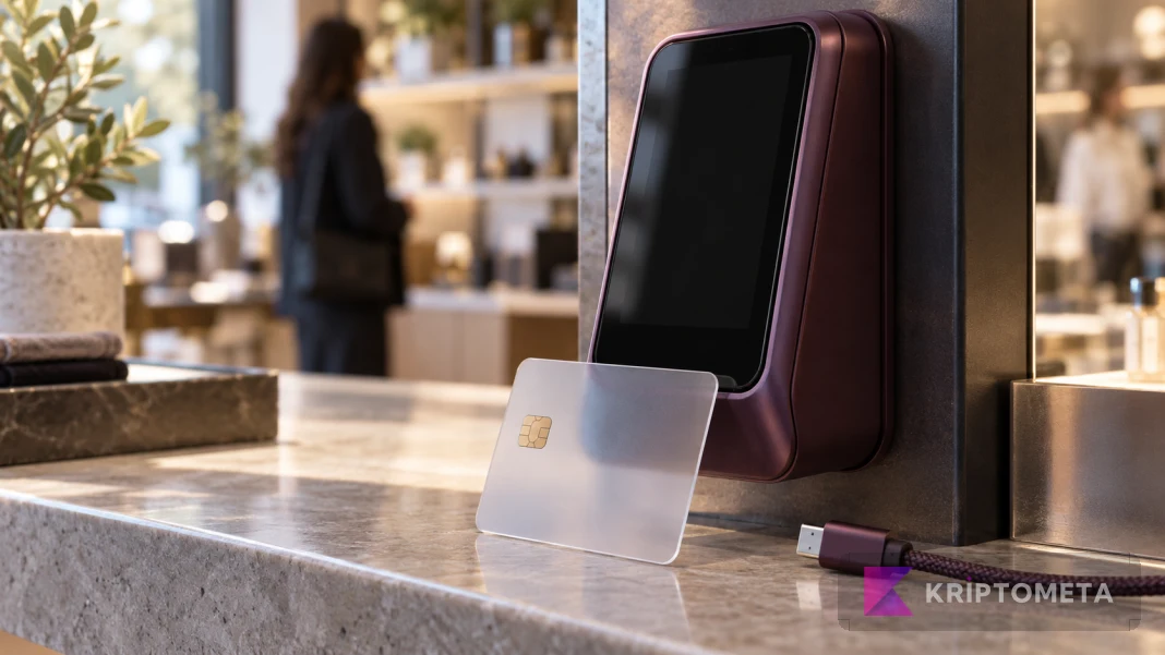 Conceptual view of a blank-screen payment terminal, chip card and disconnected cable