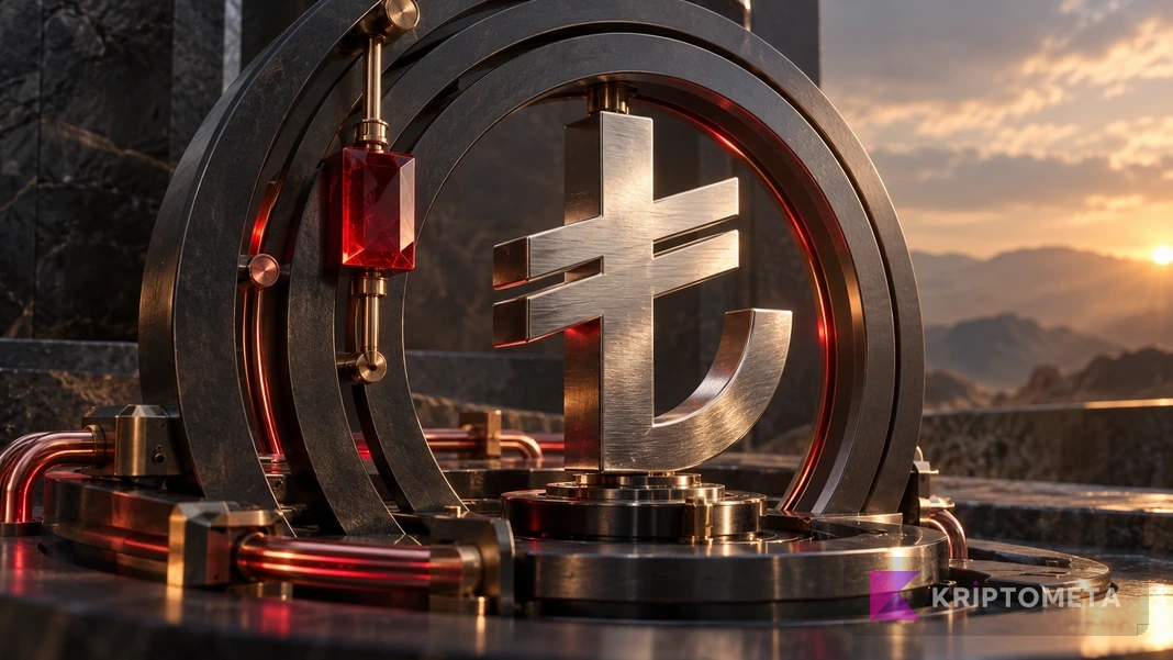 TCMB faiz kararını temsil eden metal Türk lirası simgesi ve kırmızı kristalli teknolojik düzenek