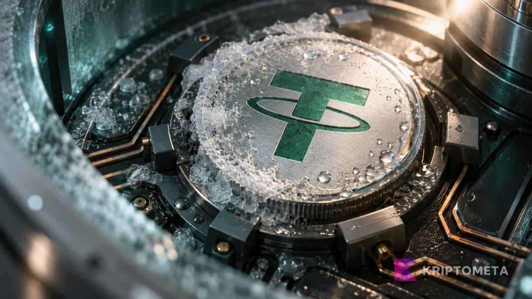 Conceptual technology cover showing thawing frost on a metal module with the Tether symbol