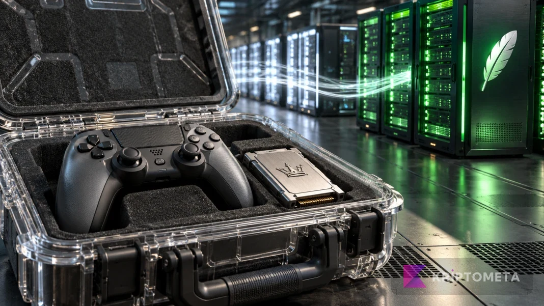 Conceptual scene of a game controller and crown-marked data module moving to a new network
