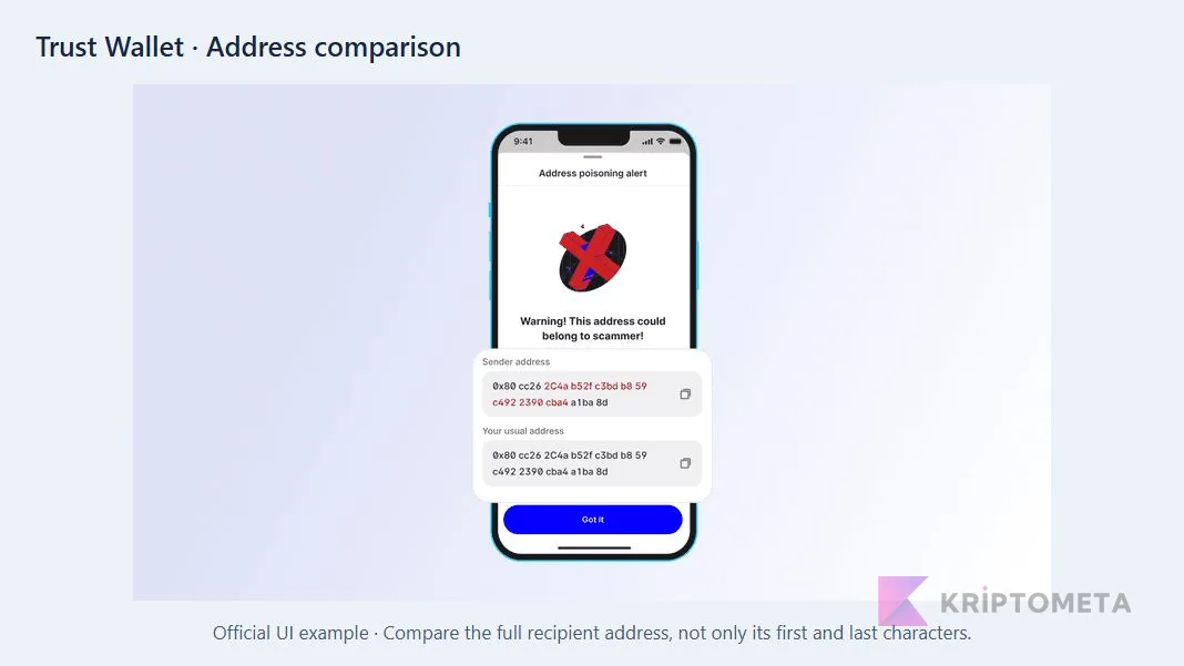 Official Trust Wallet warning comparing similar recipient addresses