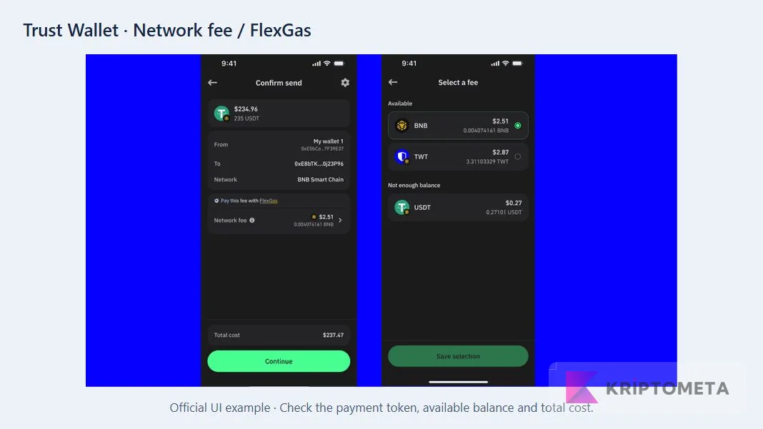 Official Trust Wallet FlexGas screen with network fees and available payment tokens