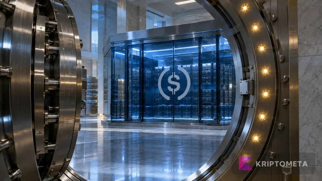 A steel bank vault door opening toward a blue glass chamber bearing the USDC symbol