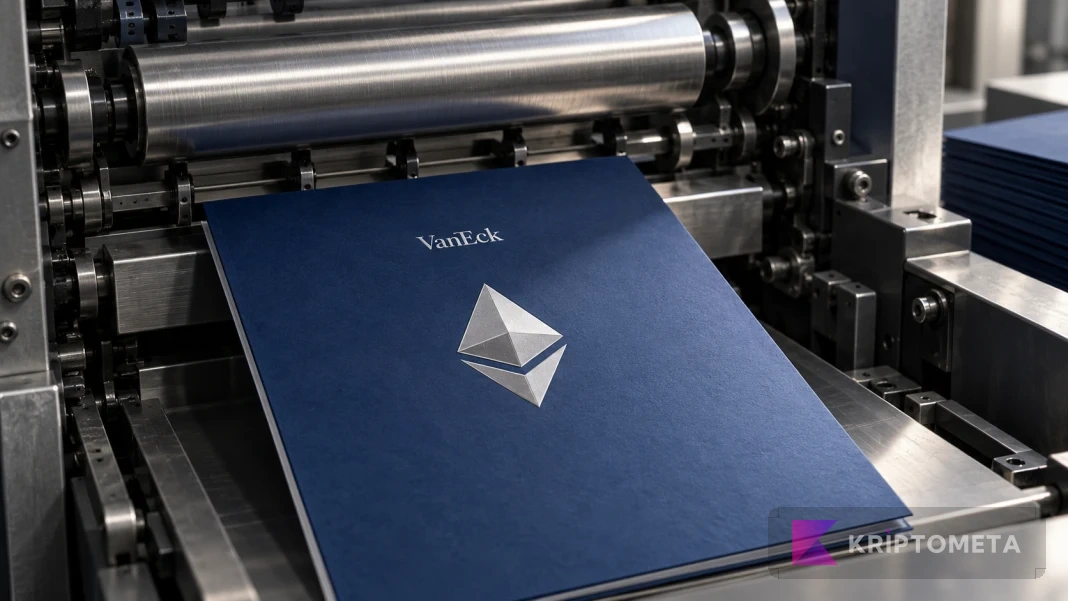 A blue cover bearing the VanEck name and Ethereum emblem in a printing mechanism