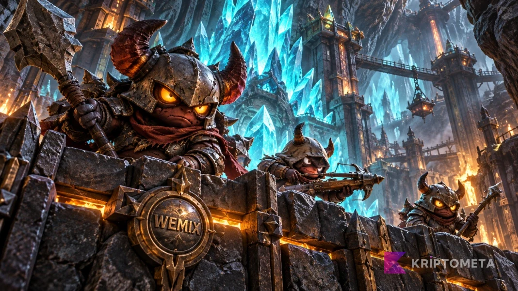 Armored fantasy demon guardians defending a turquoise crystal mine beside a WEMIX emblem