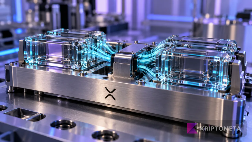 XRP Ledger toplu işlemlerini temsil eden, ortak bağlantıda birleşen cam modüller