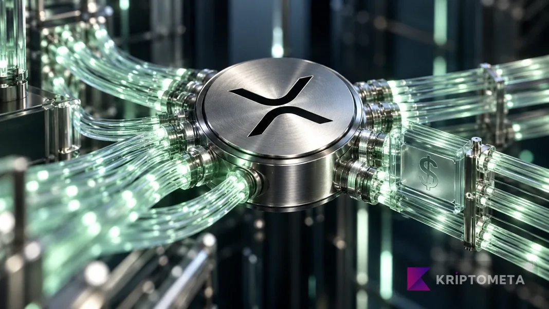 Optical connections around an XRP emblem and a glass module with a dollar symbol