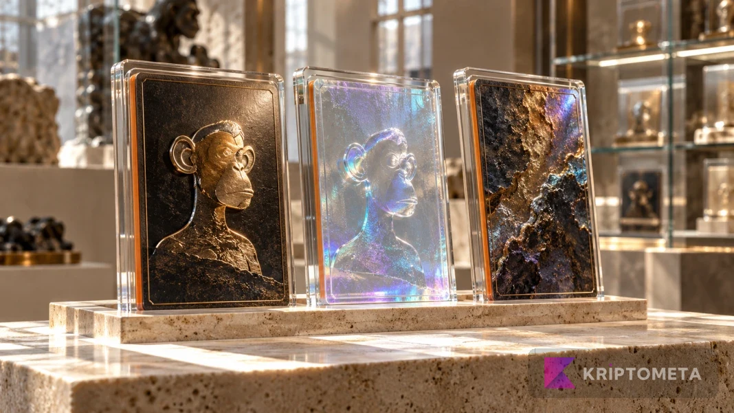Conceptual metal and holographic ape reliefs in clear holders representing physical and digital collectible cards