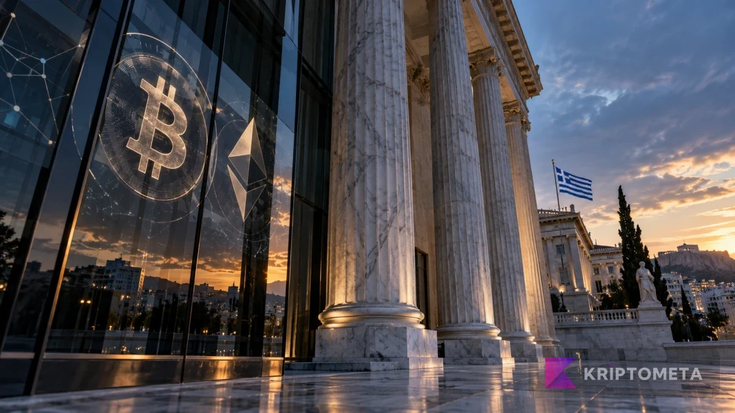 Conceptual tax image with a Greek flag, marble columns and crypto symbols reflected in glass