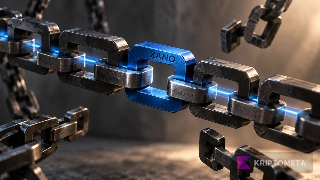 Conceptual network recovery illustration with a blue ZANO link reconnecting a metal chain