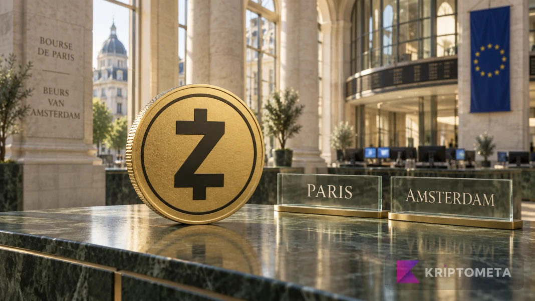 Paris ve Amsterdam tabelaları yanında Zcash amblemi bulunan, Avrupa borsasını çağrıştıran salon kompozisyonu.