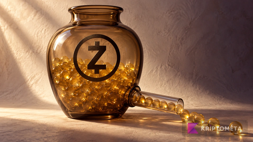 Conceptual Zcash ETF outflow scene with golden spheres leaving a glass vessel bearing the Zcash symbol